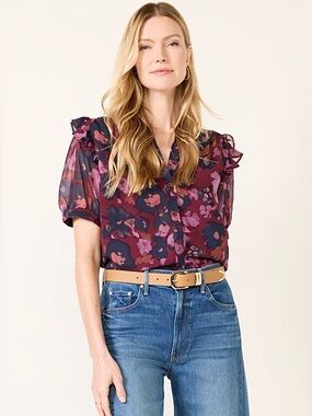 Evereve Burgundy Multi Floral Ruffle Sleeve Blouse Size